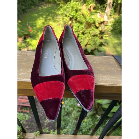 AUTH LUXURY PRADA PUMPS SHOES Slip On Evening BORDEAUX & RED VELVET US 7 EU 37 - Picture 10 of 12